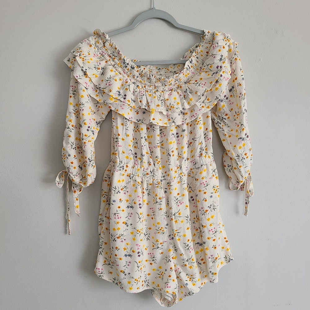 American Eagle Outfitters Floral Smocked Ruffle Culotte Romper